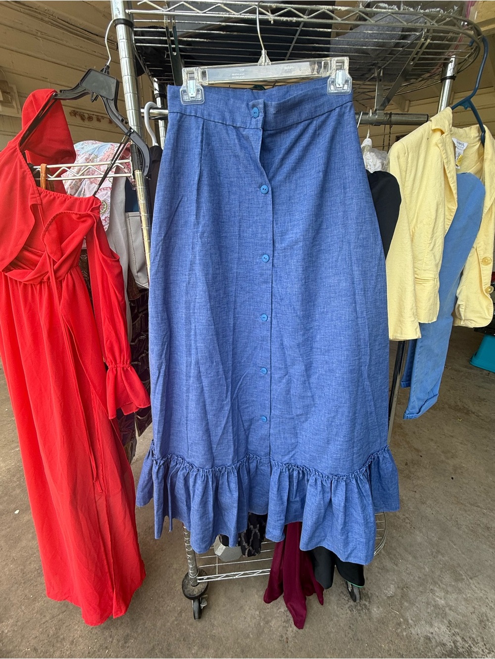 Vintage Denim Button-Front Skirt with Ruffle Hem